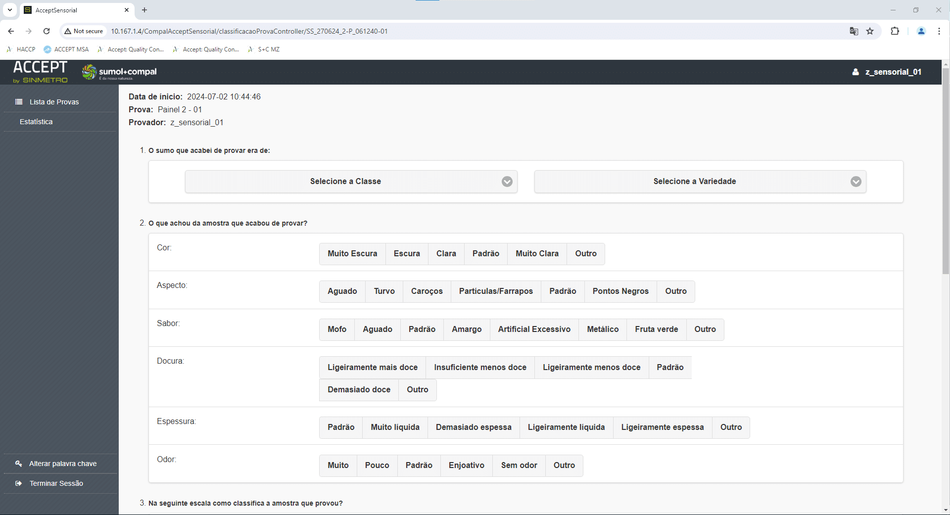 Ecrã de Provas Análise Sensorial